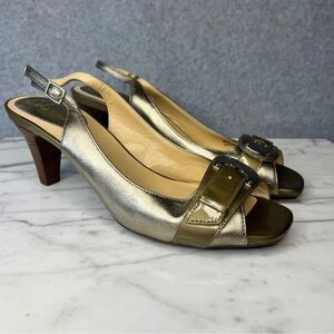 Cole‎ Haan Women’s Open Toe Pumps Gold Champagne Leather Stack Heel size 8 B